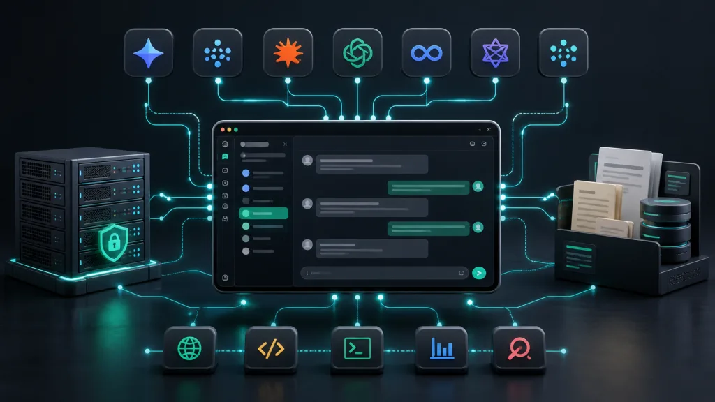LibreChat 串接多家 AI 模型、本地伺服器、文件與工具的自架工作台示意圖