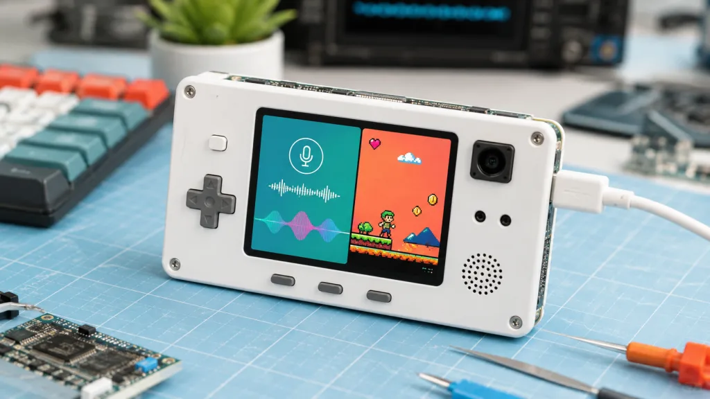 整合語音助理介面與掌機應用的白色 ESP32-S3 開發裝置