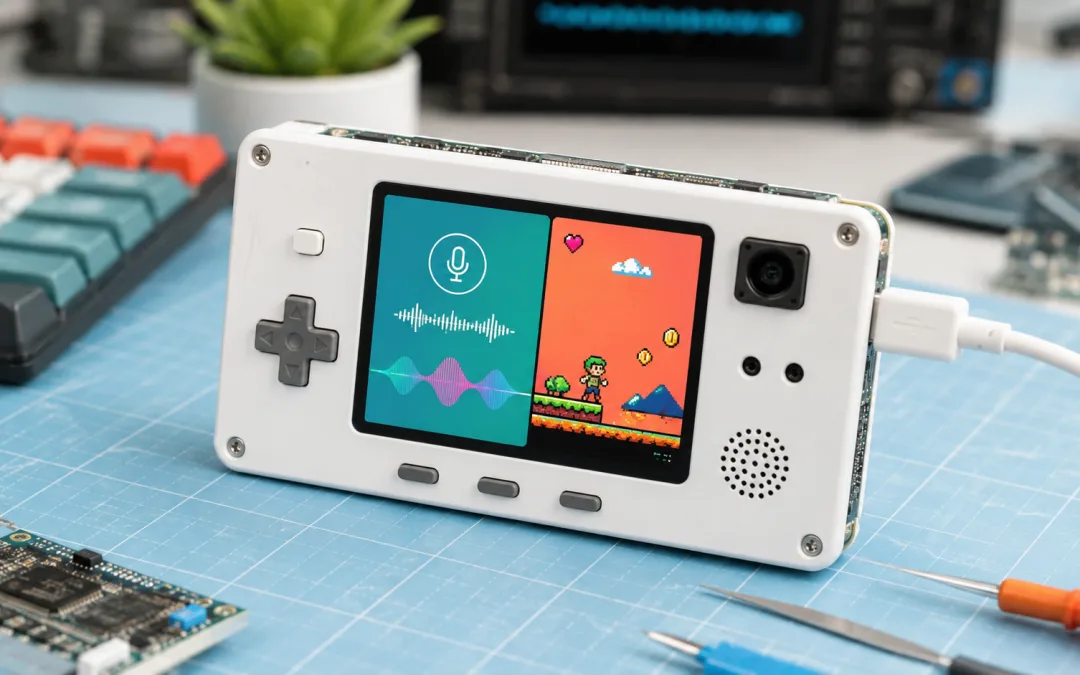 整合語音助理介面與掌機應用的白色 ESP32-S3 開發裝置