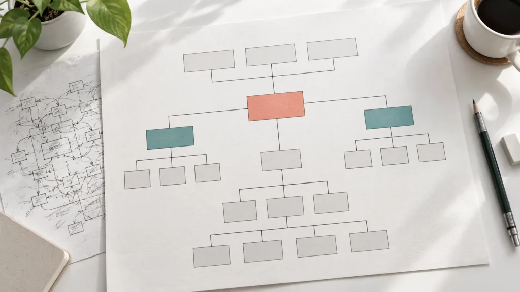 以珊瑚色焦點與整齊連線呈現 diagram-design 整理架構圖的概念封面