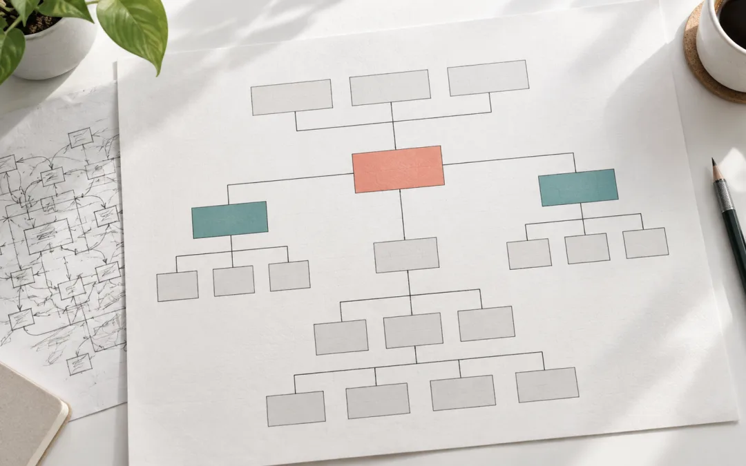 以珊瑚色焦點與整齊連線呈現 diagram-design 整理架構圖的概念封面