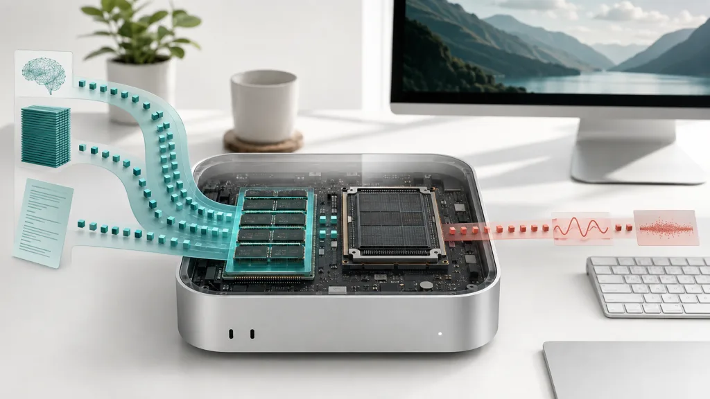 Mac 本地 AI 概念封面，以桌上型電腦與資料流呈現記憶體、輸入處理和生成的分工