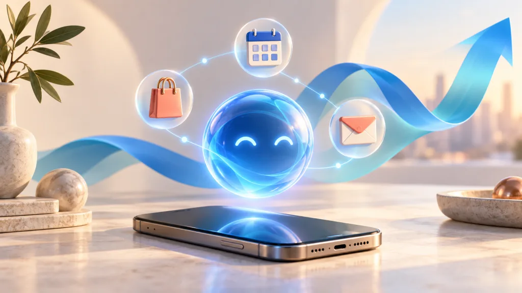 藍色 AI 助理串連購物、行程與信件，呈現 Meta Muse 任務能力與市場關注的概念插畫