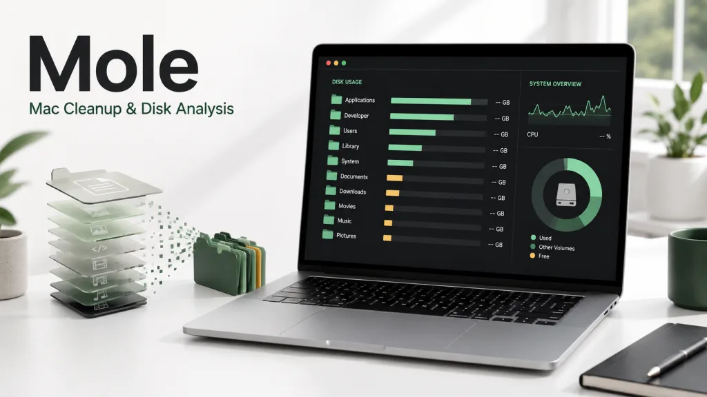 Mole Mac 清理與磁碟分析概念封面，筆電搭配磁碟占用和系統監控示意