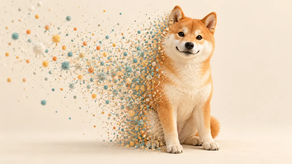 柴犬從彩色雜訊粒子中逐漸成形，示意 Stable Diffusion 由雜訊生成影像的概念