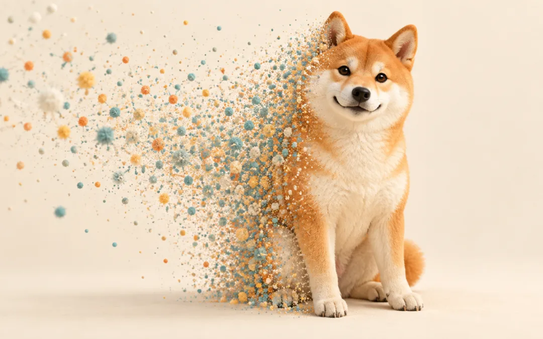 柴犬從彩色雜訊粒子中逐漸成形，示意 Stable Diffusion 由雜訊生成影像的概念