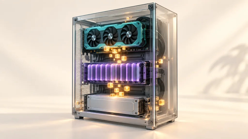 透明桌上型電腦內的 GPU、記憶體與 SSD 分層協作，示意 Strata 本地模型運算