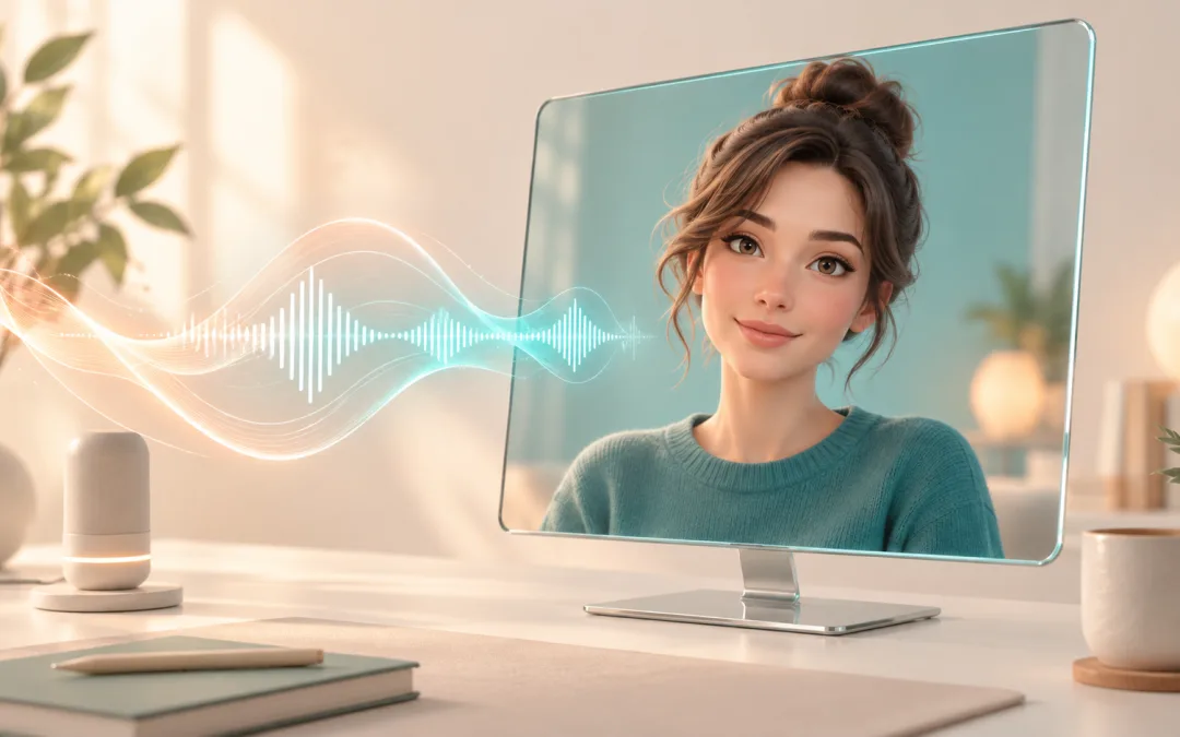 桌面螢幕中的虛構女性 AI 角色與聲波連接，示意 AI Girlfriend V2 語音陪伴與數位人口型