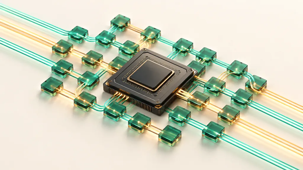 GPU 周圍的記憶體小區塊連接多條請求光流，象徵 vLLM 的快取管理與批次排程