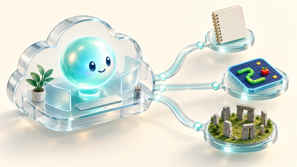 發光的 AI 圓球在雲端電腦旁協調筆記、貪吃蛇遊戲與巨石陣模型，示意 Dots 多任務工作流程
