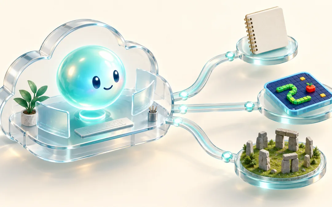 發光的 AI 圓球在雲端電腦旁協調筆記、貪吃蛇遊戲與巨石陣模型，示意 Dots 多任務工作流程